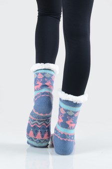Women's Non-slip Faux Sherpa Reindeer Argyle Christmas Slipper Socks style 13