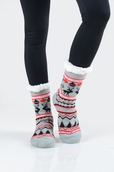 Women's Non-slip Faux Sherpa Reindeer Argyle Christmas Slipper Socks style 17