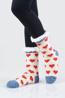 Women's Non-slip Faux Sherpa Heart Pattern Christmas Slipper Socks style 9