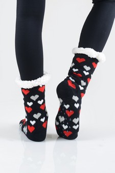Women's Non-slip Faux Sherpa Striped Heart Slipper Socks style 10