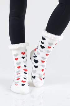 Women's Non-slip Faux Sherpa Striped Heart Slipper Socks style 11