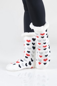 Women's Non-slip Faux Sherpa Striped Heart Slipper Socks style 12