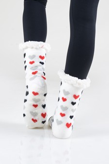 Women's Non-slip Faux Sherpa Striped Heart Slipper Socks style 13