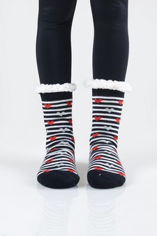 Women's Non-slip Faux Sherpa Striped Heart Slipper Socks style 2