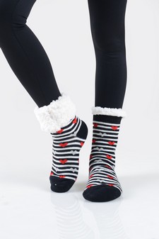 Women's Non-slip Faux Sherpa Striped Heart Slipper Socks style 3