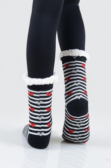 Women's Non-slip Faux Sherpa Striped Heart Slipper Socks style 4