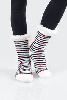 Women's Non-slip Faux Sherpa Striped Heart Slipper Socks style 5