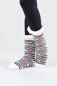 Women's Non-slip Faux Sherpa Striped Heart Slipper Socks style 6
