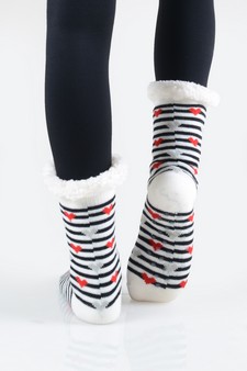 Women's Non-slip Faux Sherpa Striped Heart Slipper Socks style 7