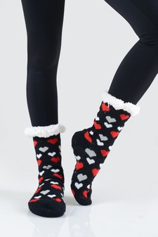 Women's Non-slip Faux Sherpa Striped Heart Slipper Socks style 8