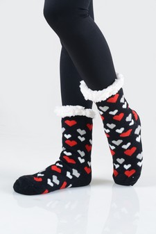 Women's Non-slip Faux Sherpa Striped Heart Slipper Socks style 9