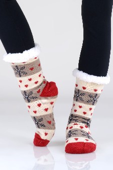 Women's Non-slip Holiday Print Faux Sherpa Slipper Sock style 3