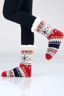 Women's Non-slip Holiday Print Faux Sherpa Slipper Sock style 7