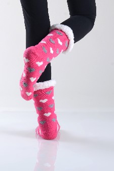Women's Non-slip Heart Print Faux Sherpa Slipper Socks style 2