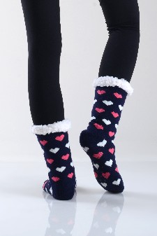 Women's Non-slip Heart Print Faux Sherpa Slipper Socks style 4