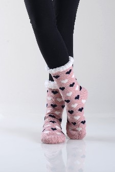 Women's Non-slip Heart Print Faux Sherpa Slipper Socks style 6