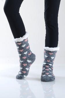 Women's Non-slip Heart Print Faux Sherpa Slipper Socks style 7