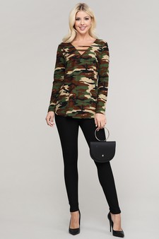 Women's Lattice V-Neck Camouflage Top style 5