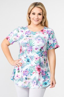 Women's Short Sleeve Tropical Floral Print Tunic Top style 4
