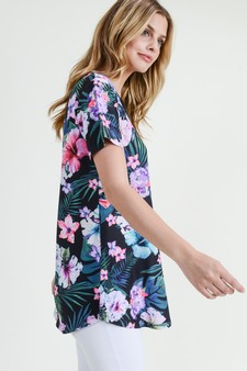 Women's Short Sleeve Tropical Floral Print Tunic Top style 2