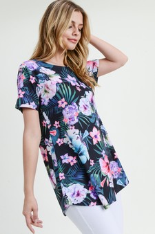 Women's Short Sleeve Tropical Floral Print Tunic Top style 3