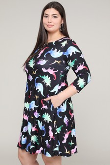 Women's Novelty Dinosaur Print A-Line Dress (XL only) style 2