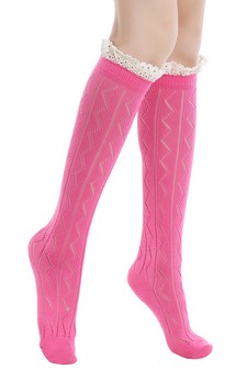 Women's Crochet Trim Ric-Rack Knit Knee High Socks style 4