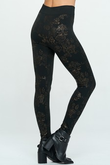 Women's Metallic Golden Floral Fleece Lined Leggings style 4