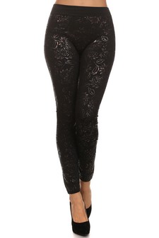 Women's Metallic Golden Floral Paisley Fleece Lined Leggings style 2