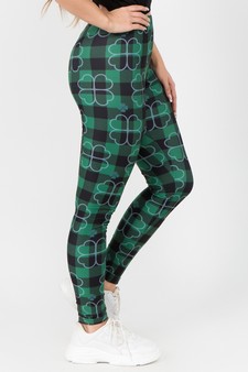 Women's Plaid Clover Print Peach Skin Leggings style 2