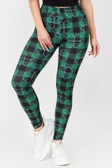 Women's Plaid Clover Print Peach Skin Leggings style 4