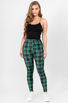 Women's Plaid Clover Print Peach Skin Leggings style 5