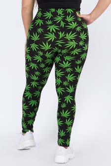 Women's High Rise Marijuana Leaf Print Peach Skin Leggings style 3