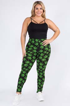 Women's High Rise Marijuana Leaf Print Peach Skin Leggings style 4