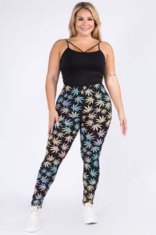 Women's Rainbow Marijuana Leaf Print Peach Skin Leggings style 4