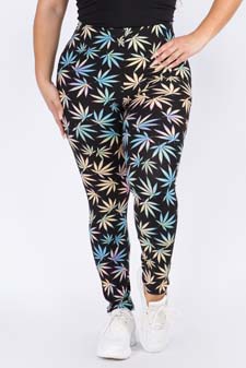 Women's Rainbow Marijuana Leaf Print Peach Skin Leggings