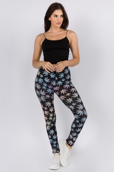 Women's Rainbow Marijuana Leaf Print Peach Skin Leggings style 4