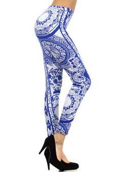 Women's White & Blue Fine China Design Printed Leggings