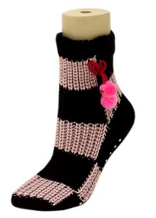 FLOWERS AND BALL TASSLES KNITTED NON SKID SLIPPER SOCKS style 4