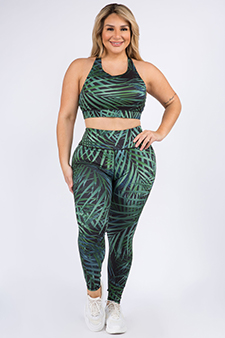 Women's Palm Leaf Print Sports Bra and Leggings Activewear Set