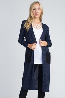 Lady's Open Front Lurex Knit Duster Cardigan