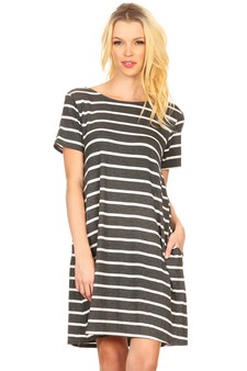 Striped Short Sleeve Tunic T-Shirt Dress w/ Pockets - 