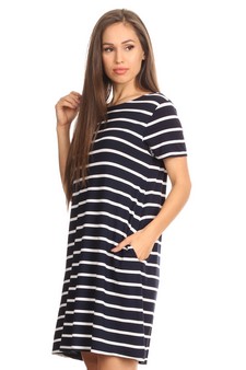 Striped Short Sleeve Tunic T-Shirt Dress w/ Pockets style 2