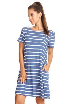 Striped Short Sleeve Tunic T-Shirt Dress w/ Pockets style 2