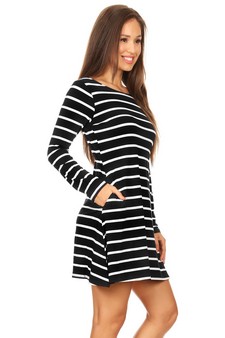 Women's Striped Long Sleeve Dress with back V-Drop and Pockets style 3