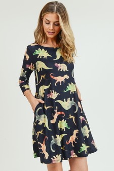 Women's Novelty Dinosaur Print A-Line Dress style 2