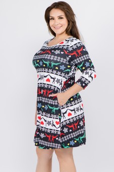 Women's Fair Isle Reindeer Print A-Line Dress style 2