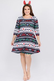 Women's Fair Isle Reindeer Print A-Line Dress style 6