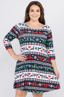 Women's Fair Isle Reindeer Print A-Line Dress
