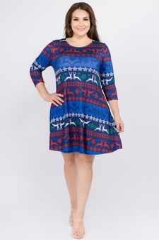 Women's Fair Isle Reindeer Print A-Line Dress style 4